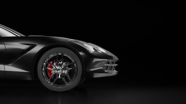 Stüdyo ışığı olan, modern siyah sedan bir arabanın 3 boyutlu görüntüsü..