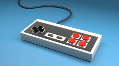 Mavi arkaplandaki eski bilgisayar oyun kumandası joystick