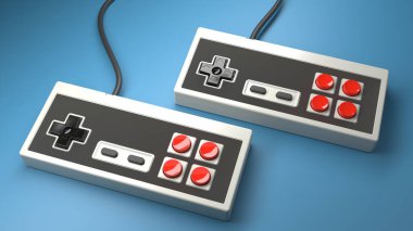 Mavi arkaplandaki eski bilgisayar oyun kumandası joystick