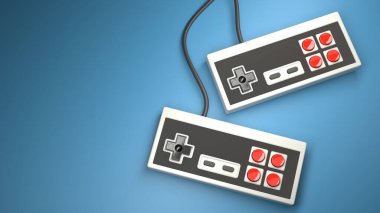 Mavi arkaplandaki eski bilgisayar oyun kumandası joystick
