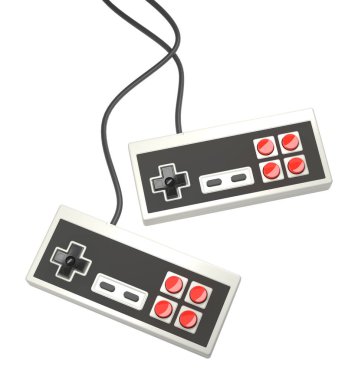Beyaz arka planda kırmızı ve siyah düğmeleri olan eski bilgisayar oyun kumandası joystick, klasik dikdörtgen oyun alanı konsepti. 3d görüntüleme ve resimleme.