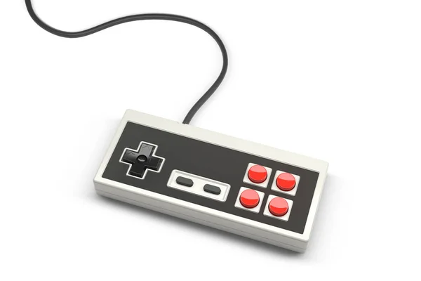 复古电脑游戏控制器操纵杆与红色和黑色按钮的白色背景 概念老式矩形游戏垫 3D渲染和说明 — 图库照片