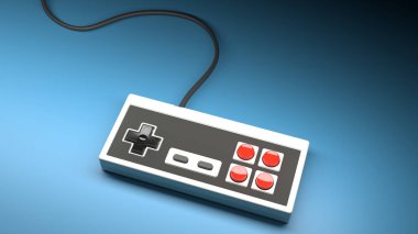 Kırmızı ve siyah düğmeli eski bilgisayar oyun kumandası joystick mavi arka planda, klasik dikdörtgen oyun alanı konsepti. 3d görüntüleme ve resimleme.