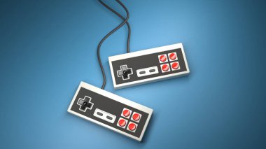Kırmızı ve siyah düğmeli eski bilgisayar oyun kumandası joystick mavi arka planda, klasik dikdörtgen oyun alanı konsepti. 3d görüntüleme ve resimleme.