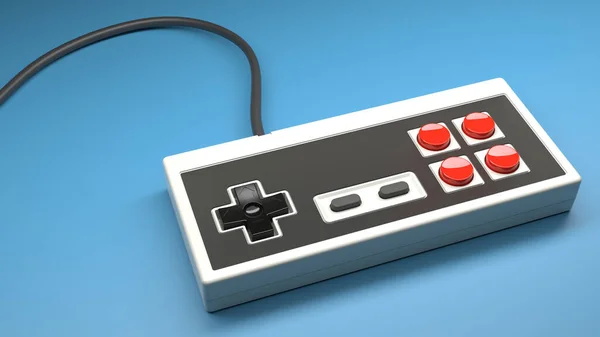 复古电脑游戏控制器控制杆与红色和黑色按钮蓝色背景 概念老式矩形游戏垫 3D渲染和说明 — 图库照片