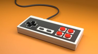 Beyaz arka planda kırmızı ve siyah düğmeleri olan eski bilgisayar oyun kumandası joystick, klasik dikdörtgen oyun alanı konsepti. 3d görüntüleme ve resimleme.