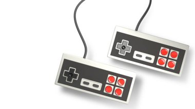 Beyaz arka planda kırmızı ve siyah düğmeleri olan eski bilgisayar oyun kumandası joystick, klasik dikdörtgen oyun alanı konsepti. 3d görüntüleme ve resimleme.