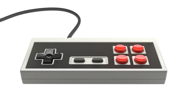 白の背景に赤と黒のボタンでレトロなコンピュータゲームコントローラジョイスティック ヴィンテージ長方形のゲームパッドの概念 3Dレンダリングとイラスト — ストック写真