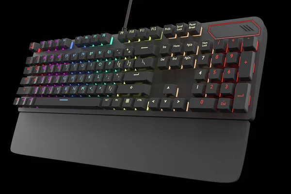 Teclado de computador preto com cor rgb isolado em preto com caminho de recorte. — Fotografia de Stock