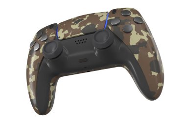 Gerçekçi video oyun denetleyici kırpma yolu ile beyaz üzerinde izole. 3B kamuflaj renkli akış ekipmanı ve oyuncu çalışma alanı konsepti