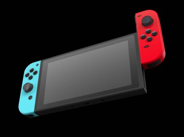 Realistic video game controllers attached to touch screen isolated on black with clipping path. 3D rendering of blue and red gamepad for online gaming clipart