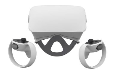 Çevrimiçi ve bulut oyunları için sanal gerçeklik gözlükleri ve kontrolörler kırpma yolu ile beyazda izole edilmiş. Artırılmış gerçeklikte sanal tasarım için 3B görüntüleme aygıtı veya VR içindeki sanal oyun
