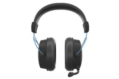 Üç boyutlu oyun kulaklığı, beyaz arka planda mikrofon ve kırpma yolu. Bulut oyunu ve oyun yayın hizmetleri kavramı