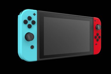 Dokunmatik ekrana iliştirilmiş gerçekçi video oyun denetleyicileri kırpma yolu ile siyah üzerinde izole. Çevrimiçi oyun alanı için 3B mavi ve kırmızı oyun alanı oluşturma