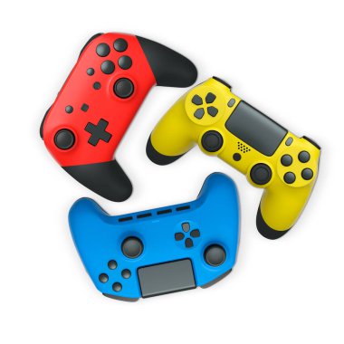 Havada uçan kablosuz oyun kontrolörleri kırpma yolu ile beyaz arka planda izole edilmiş, oyun teknolojisi konseptini sembolize ediyor.