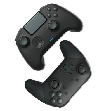 Havada uçan kablosuz oyun kontrolörleri kırpma yolu ile beyaz arka planda izole edilmiş, oyun teknolojisi konseptini sembolize ediyor.