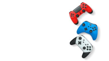 Havada uçan kablosuz oyun kontrolörleri kırpma yolu ile beyaz arka planda izole edilmiş, oyun teknolojisi konseptini sembolize ediyor.