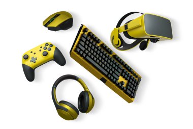 Collection of modern gaming accessories including headset, mouse, controller, keyboard, and VR gear isolated on white background with clipping path