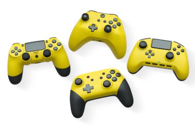 Havada uçan kablosuz oyun kontrolörleri kırpma yolu ile beyaz arka planda izole edilmiş, oyun teknolojisi konseptini sembolize ediyor.