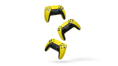 Havada uçan kablosuz oyun kontrolörleri kırpma yolu ile beyaz arka planda izole edilmiş, oyun teknolojisi konseptini sembolize ediyor.