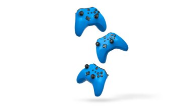 Havada uçan kablosuz oyun kontrolörleri kırpma yolu ile beyaz arka planda izole edilmiş, oyun teknolojisi konseptini sembolize ediyor.