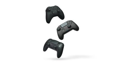 Havada uçan kablosuz oyun kontrolörleri kırpma yolu ile beyaz arka planda izole edilmiş, oyun teknolojisi konseptini sembolize ediyor.