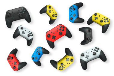 Havada uçan kablosuz oyun kontrolörleri kırpma yolu ile beyaz arka planda izole edilmiş, oyun teknolojisi konseptini sembolize ediyor.