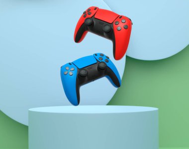 Renkli oyun kontrolörleri, podyum üzerinde yükselen joystick soyut arka plan, minimalist kavram aygıtı.