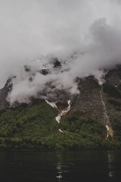 Gri bulutlu gökyüzünün arka planında sık ormanlarla kaplı karlı kaya dağı. Dikey duvar kağıdı