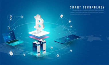 Büyük veri işleme, enerji istasyonu gelecek, veri merkezi, Cryptocurrency ve blockchain izometrik kompozisyon akıllı nesne ve akıllı teknoloji tasarım kavramı. blockchain başlangıç üzerinde çalışmak için.