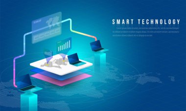 Büyük veri işleme, enerji istasyonu gelecek, veri merkezi, Cryptocurrency ve blockchain izometrik kompozisyon akıllı nesne ve akıllı teknoloji tasarım kavramı. blockchain başlangıç üzerinde çalışmak için.