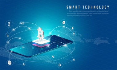 Büyük veri işleme, enerji istasyonu gelecek, veri merkezi, Cryptocurrency ve blockchain izometrik kompozisyon akıllı nesne ve akıllı teknoloji tasarım kavramı. blockchain başlangıç üzerinde çalışmak için.
