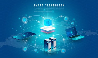 Büyük veri işleme, enerji istasyonu gelecek, veri merkezi, Cryptocurrency ve blockchain izometrik kompozisyon akıllı nesne ve akıllı teknoloji tasarım kavramı. blockchain başlangıç üzerinde çalışmak için.