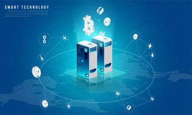 Büyük veri işleme, enerji istasyonu gelecek, veri merkezi, Cryptocurrency ve blockchain izometrik kompozisyon akıllı nesne ve akıllı teknoloji tasarım kavramı. blockchain başlangıç üzerinde çalışmak için.