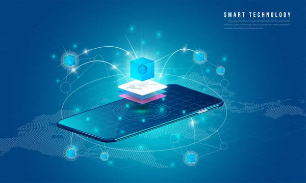 Büyük veri işleme, enerji istasyonu gelecek, veri merkezi, Cryptocurrency ve blockchain izometrik kompozisyon akıllı nesne ve akıllı teknoloji tasarım kavramı. blockchain başlangıç üzerinde çalışmak için.