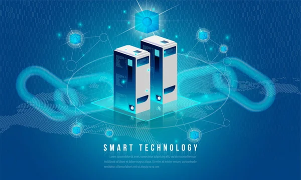 Concept of big data processing, energy station of future, data center, Cryptocurrency and blockchain isometric composition Smart object and smart technology design. for working on blockchain start up.