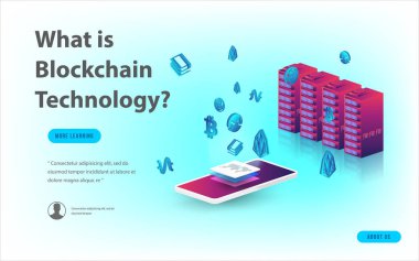 Büyük veri işleme, enerji istasyonu gelecek, veri merkezi, Cryptocurrency ve blockchain izometrik kompozisyon akıllı nesne ve akıllı teknoloji tasarım kavramı. blockchain başlangıç üzerinde çalışmak için.