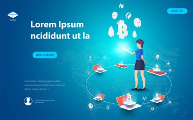 Büyük veri işleme, enerji istasyonu gelecek, veri merkezi, Cryptocurrency ve blockchain izometrik kompozisyon akıllı nesne ve akıllı teknoloji tasarım kavramı. blockchain başlangıç üzerinde çalışmak için.