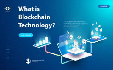 Büyük veri işleme, enerji istasyonu gelecek, veri merkezi, Cryptocurrency ve blockchain izometrik kompozisyon akıllı nesne ve akıllı teknoloji tasarım kavramı. blockchain başlangıç üzerinde çalışmak için.
