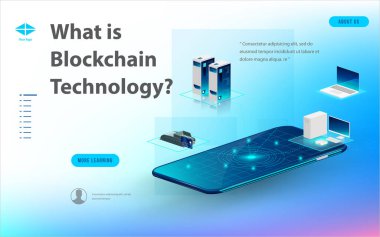 Büyük veri işleme, enerji istasyonu gelecek, veri merkezi, Cryptocurrency ve blockchain izometrik kompozisyon akıllı nesne ve akıllı teknoloji tasarım kavramı. blockchain başlangıç üzerinde çalışmak için.
