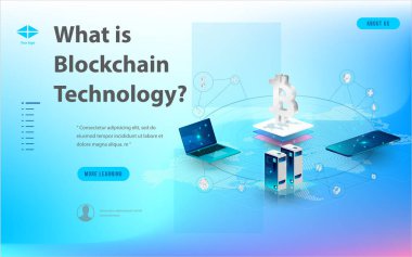 Büyük veri işleme, enerji istasyonu gelecek, veri merkezi, Cryptocurrency ve blockchain izometrik kompozisyon akıllı nesne ve akıllı teknoloji tasarım kavramı. blockchain başlangıç üzerinde çalışmak için.