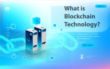 Büyük veri işleme, enerji istasyonu gelecek, veri merkezi, Cryptocurrency ve blockchain izometrik kompozisyon akıllı nesne ve akıllı teknoloji tasarım kavramı. blockchain başlangıç üzerinde çalışmak için.