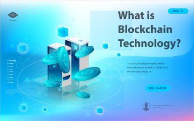 Büyük veri işleme, enerji istasyonu gelecek, veri merkezi, Cryptocurrency ve blockchain izometrik kompozisyon akıllı nesne ve akıllı teknoloji tasarım kavramı. blockchain başlangıç üzerinde çalışmak için.