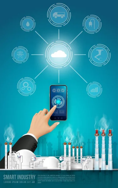 Przyszłości Przejść Fabryki Przemysł Użytkownicy Łączący Się Fabryki Pomocą Smartfona — Wektor stockowy
