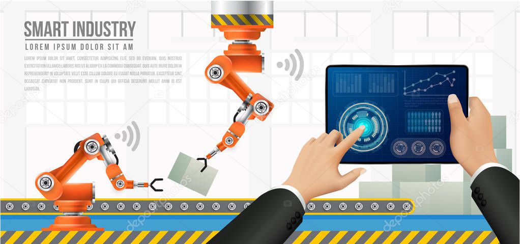 Move to factory and industry in the future. People connecting with a factory using smartphone and exchanging data with a neural network. Smart industry 4.0 infographic. Artificial intelligence.