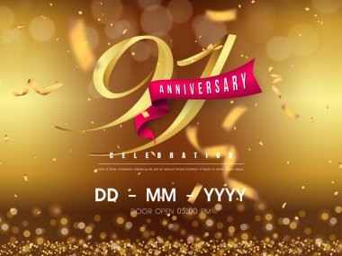 91 years anniversary logo template on gold background. 91st cele clipart