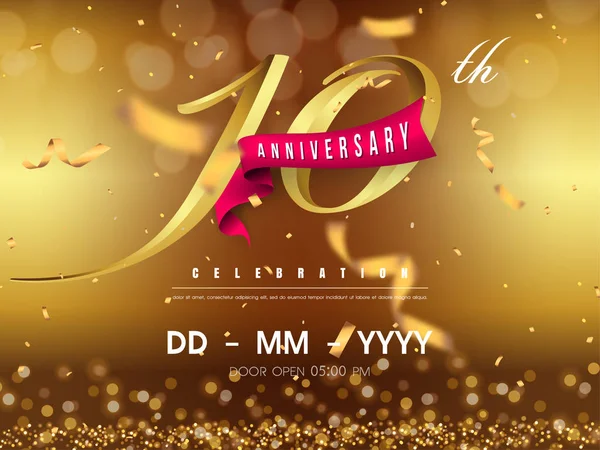 10 anni modello di logo anniversario su sfondo oro. Decimo cele — Vettoriale Stock