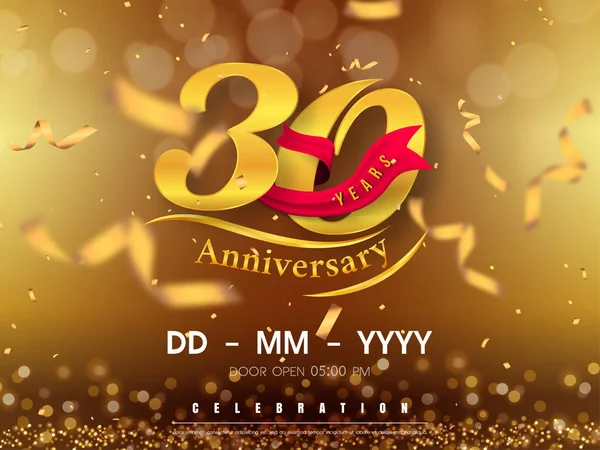 Plantilla de logotipo de aniversario de 30 años sobre fondo dorado. 30º cele — Vector de stock