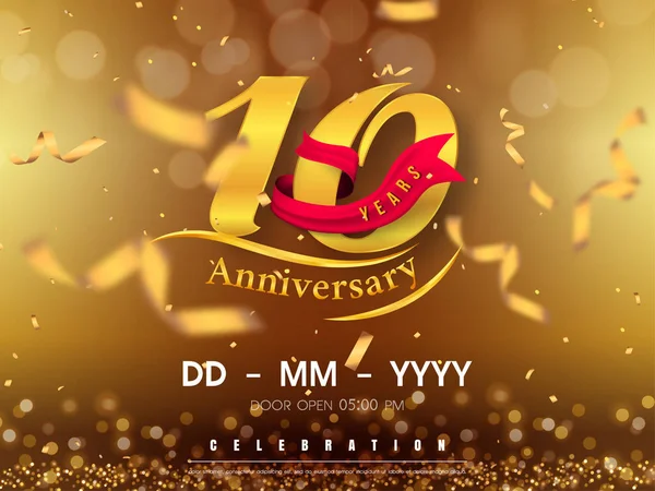 Plantilla de logotipo de aniversario de 10 años sobre fondo dorado. 10º Cele — Archivo Imágenes Vectoriales