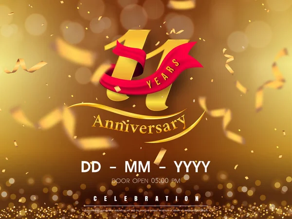 11 jaar verjaardag logo sjabloon op gouden achtergrond. 11e cele — Stockvector